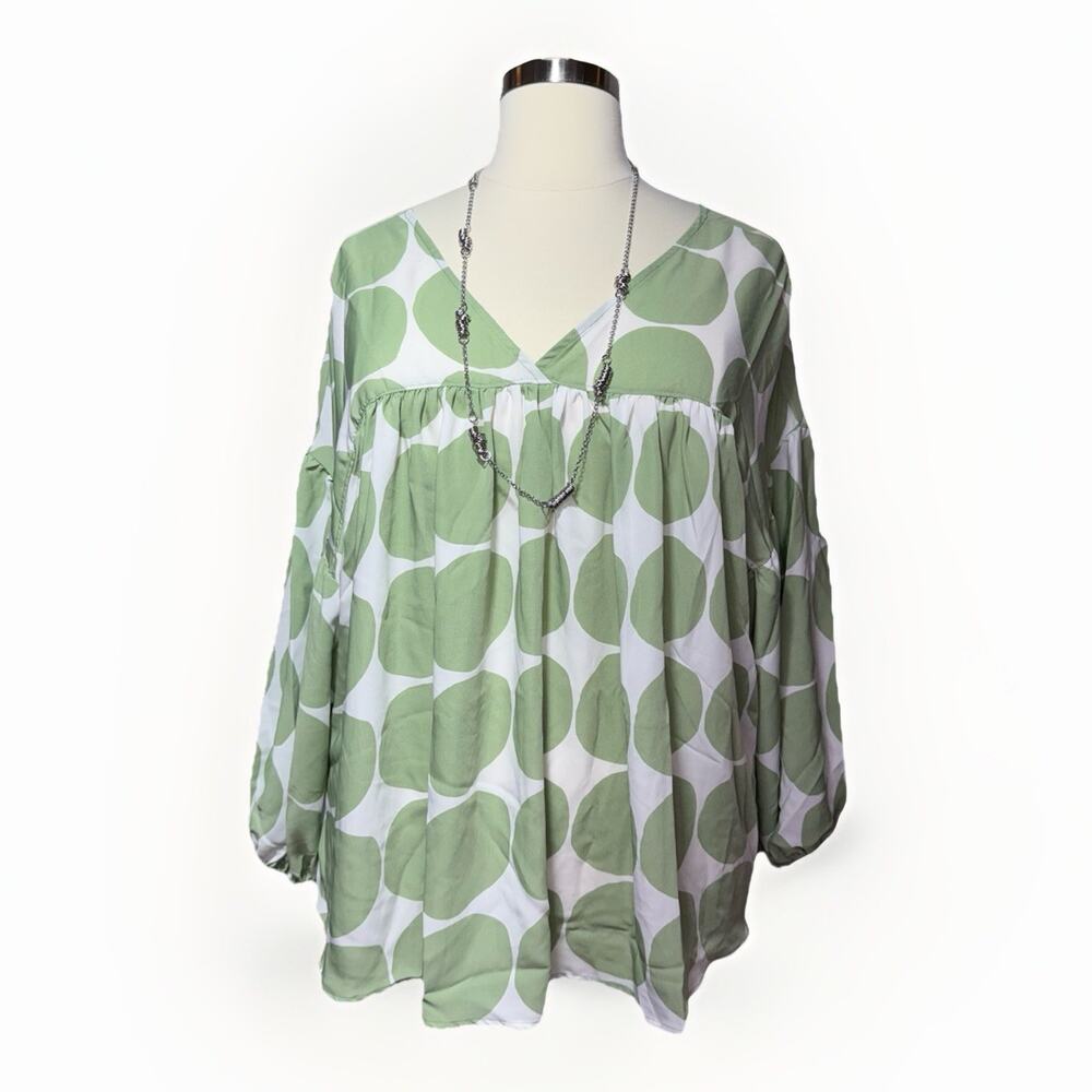 Ces Femme Blouse Women’s 2XL Green & White Polka Dot V-Neck Balloon Sleeve Boho
